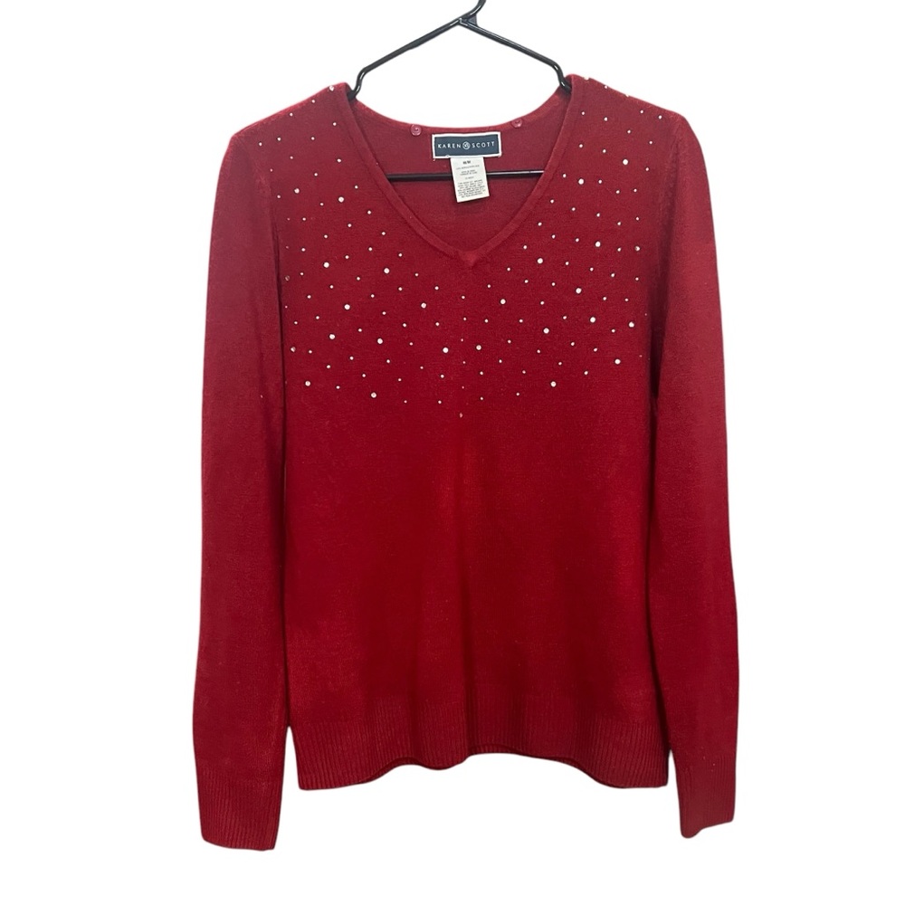 KAREN SCOTT Red V-Neck Sweater‎ with Studded Detail Ribbed Waist size Medium